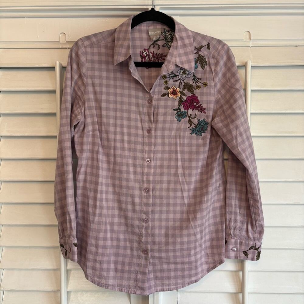 Chico’s Lavender Plaid Floral Button Down Shirt Size 0 (4/6)
